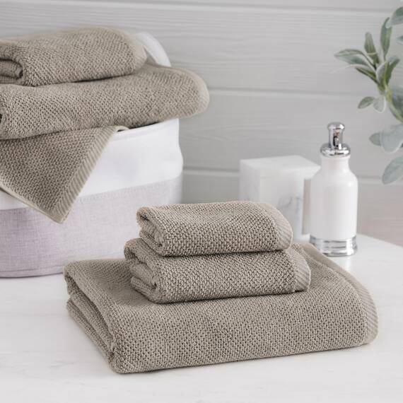 Welhome Franklin 100% Cotton Textured Towel (Flax) - Set of 6 - Highly Absorbent - Combed Cotton - Durable - Low Lint - 600 GSM - Machine Washable : 2 Bath Towels - 2 Hand Towels - 2 Wash Towels