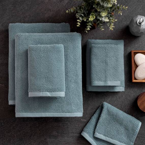 Welhome Franklin 100% Cotton Textured Towel (Dusty Blue) - Set of 6 - Highly Absorbent - Combed Cotton - Durable - Low Lint - 600 GSM - Machine Washable : 2 Bath Towels - 2 Hand Towels - 2 Wash Towels