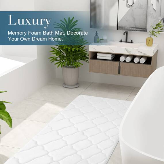 Olanly, Badevorleger aus Memory-Schaum, 119 x 61 cm, ultraweich und saugfähig, rutschfest, waschmaschinengeeignet, für Bad, Dusche, Wanne und als Wohnaccessoires, weiß