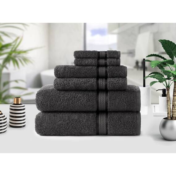 COTTON CRAFT Ultra Soft Luxus 6-teiliges Handtuch-Set, ringgesponnene Baumwolle, 580 g/m², schwer, 2 Badetücher, 2 Handtücher, 2 Waschlappen, Anthrazit