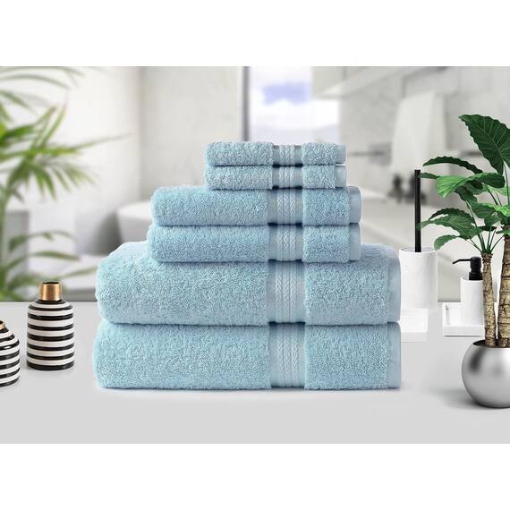 6-teiliges Handtuch-Set aus Baumwolle – 2 übergroße große Badetücher, 2 Handtücher, 2 Waschlappen – saugfähig, schnell trocknend, für den Alltag, Luxus, Hotel, Badezimmer, Spa, Fitnessstudio, Duschpool, 100 % Baumwolle, Hellblau
