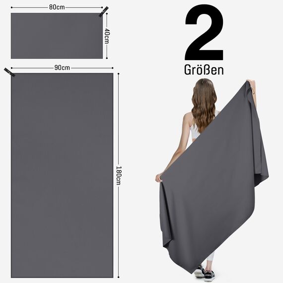 Jokisa Mikrofaser Handtuch 2er Set, 180X90cm Strandtuch Mikrofaser + 80X40cm Sporthandtuch, Schnelltrocknendes & Sandfrei Handtücher für Outdoor Sauna Strand Trekking (Dunkelgrau)