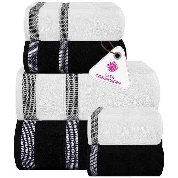 Casa Copenhagen, 6teiliges Designer Handtuch Geschenkset aus 100% ägyptischer Baumwolle – Dunkelschwarz + Weiß, 600 g/m² (2Badetücher, 2Handtücher, 2Waschhandschuhe) Geschenkbox für Damen & Herren
