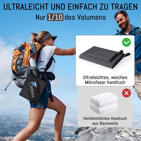 Jokisa Mikrofaser Handtuch 2er Set, 180X90cm Strandtuch Mikrofaser + 80X40cm Sporthandtuch, Schnelltrocknendes & Sandfrei Handtücher für Outdoor Sauna Strand Trekking (Dunkelgrau)