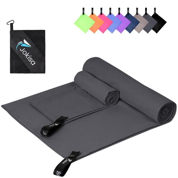 Jokisa Mikrofaser Handtuch 2er Set, 180X90cm Strandtuch Mikrofaser + 80X40cm Sporthandtuch, Schnelltrocknendes & Sandfrei Handtücher für Outdoor Sauna Strand Trekking (Dunkelgrau)