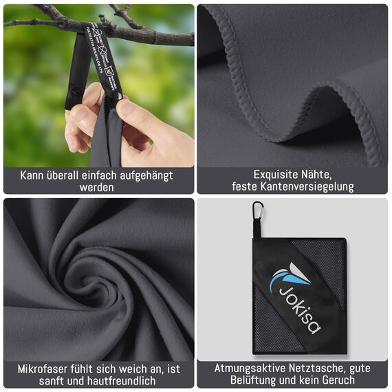 Jokisa Mikrofaser Handtuch 2er Set, 180X90cm Strandtuch Mikrofaser + 80X40cm Sporthandtuch, Schnelltrocknendes & Sandfrei Handtücher für Outdoor Sauna Strand Trekking (Dunkelgrau)