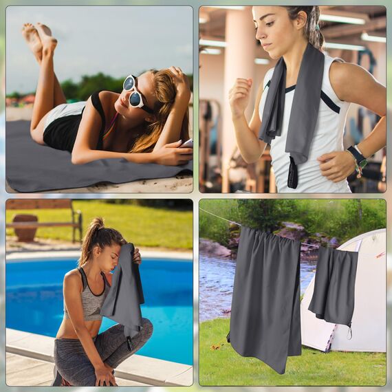 Jokisa Mikrofaser Handtuch 2er Set, 180X90cm Strandtuch Mikrofaser + 80X40cm Sporthandtuch, Schnelltrocknendes & Sandfrei Handtücher für Outdoor Sauna Strand Trekking (Dunkelgrau)