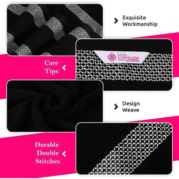 Casa Copenhagen Solitaire Mix 6-teiliges Handtuchset, Schwarz+Strahlendes Weiß, 600 g/m², 2 Badetücher, 2 Handtücher, 2 Waschlappen aus weicher ägyptischer Baumwolle für Badezimmer, Küche und Dusche