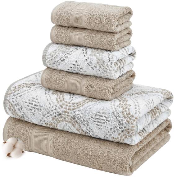 Modern Threads Capri Wende-Handtuchset aus garngefärbtem Jacquard, 6-teilig, Badetücher, Handtücher und Waschlappen, sehr saugfähig und schnell trocknend, 100% gekämmte Baumwolle, Khaki
