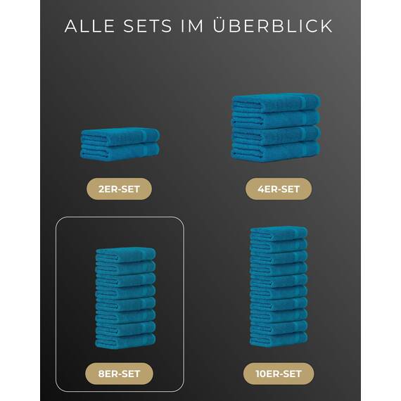 Luckytowel Handtücher Set 50x100 cm – Oeko-TEX Handtuch-Set aus 100% Baumwolle mit 600 g/m² – Frottiertücher mit Aufhängeschlaufe – flauschig & saugstark – Frottee Handtuchset – 8er Pack Türkis