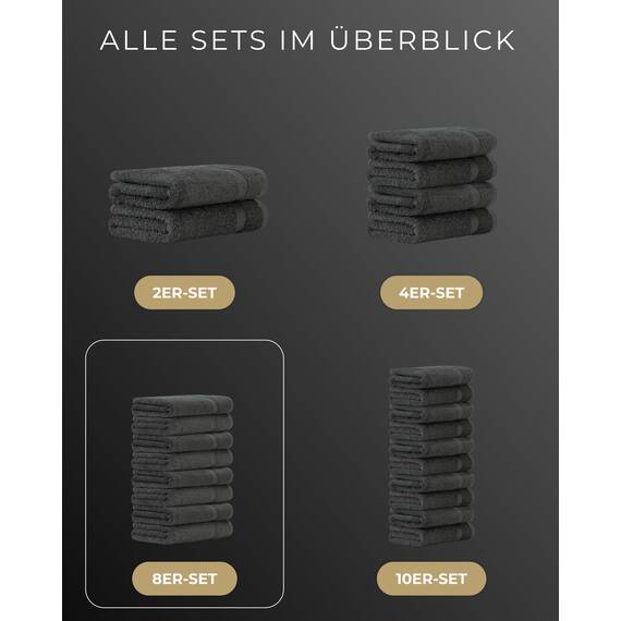 Luckytowel Handtücher Set 50x100 cm – Oeko-TEX Handtuch-Set aus 100% Baumwolle mit 600 g/m² – Frottiertücher mit Aufhängeschlaufe – flauschig & saugstark – Frottee Handtuchset – 8er Pack Anthrazit