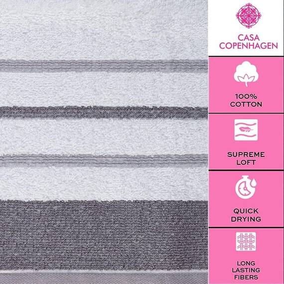 Casa Copenhagen White Bay-Handtuch aus 600 g/m² ägyptischer Baumwolle für Hotel, Spa, Küche und Bad, 6-teiliges Set mit 2 Bädern, 2 Händen, 2 Waschlappen – Weiß mit Dunkelgrau und Hellgrauem Rand