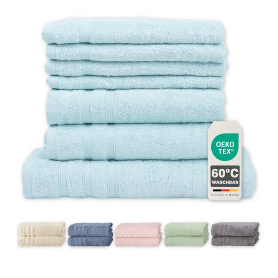 Müskaan® 7er Bambus Handtuch Set Aqua, 50% Baumwolle & 50% Bambus, 450g/m² – 1x Duschtuch 70x140cm, 2X Handtuch 50x100cm & 4X Gästetuch 50x30cm – Öko-Tex, Baumwoll Handtuchset Blau, 60°C waschbar