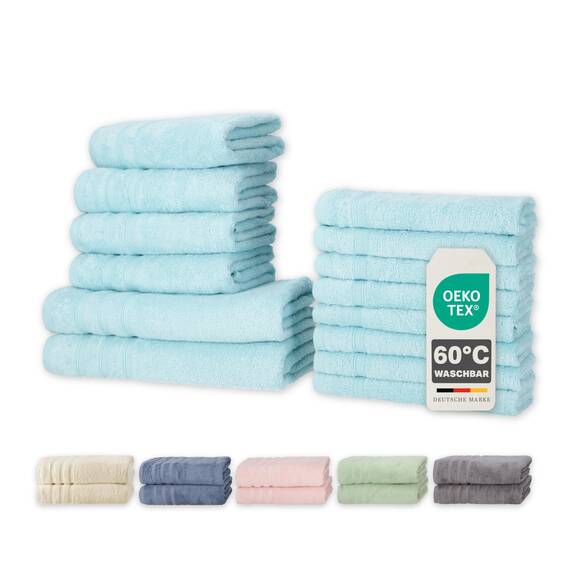 Müskaan® 14er Bambus Handtuch Set Aqua, 50% Baumwolle & 50% Bambus, 450g/m² – 2X Duschtuch 70x140cm, 4X Handtuch 50x100cm & 8X Gästetuch 50x30cm – Öko-Tex, Baumwoll Handtuchset Blau, 60°C waschbar