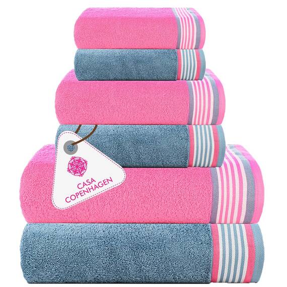 Casa Copenhagen He & She 6-teiliges Handtuchset, Staubblau - Rosa 550 g/m²2 Badetücher, 2 Handtücher, 2 Waschlappen, Entworfen in Dänemark Aus ägyptischer Baumwolle für Bad, Küche & Dusche