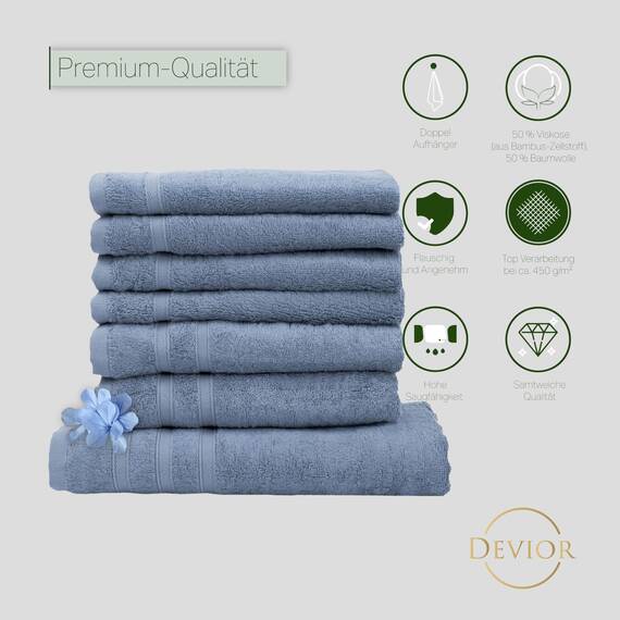 Müskaan® 14er Bambus Handtuch Set Rauchblau, 50% Baumwolle & 50% Bambus, 450g/m² – 2X Duschtuch 70x140cm, 4X Handtuch 50x100cm & 8X Gästetuch 50x30cm – Öko-Tex, Handtuchset Blau, 60°C waschbar