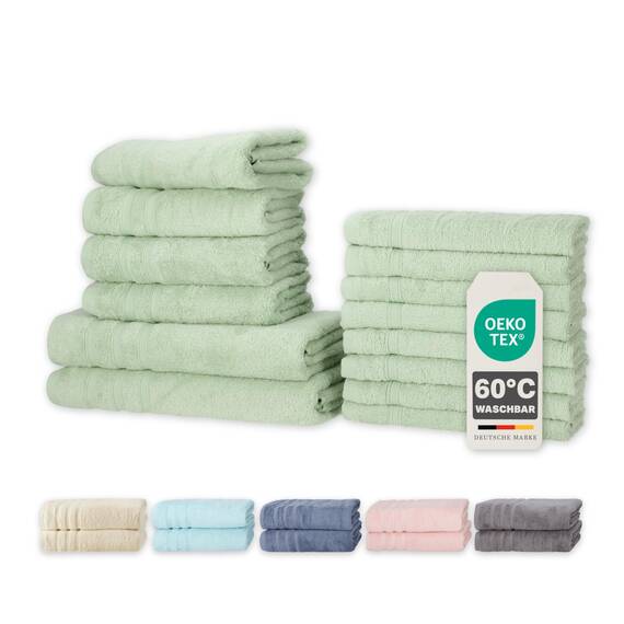 Müskaan® 14er Bambus Handtuch Set Eukalyptus, 50% Baumwolle & 50% Bambus, 450g/m² – 2X Duschtuch 70x140cm, 4X Handtuch 50x100cm & 8X Gästetuch 50x30cm – Öko-Tex, Handtuchset Grün, 60°C waschbar