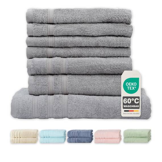 Müskaan® 7er Bambus Handtuch Set Kiesel, 50% Baumwolle & 50% Bambus, 450g/m² – 1x Duschtuch 70x140cm, 2X Handtuch 50x100cm & 4X Gästetuch 50x30cm – Öko-Tex, Baumwoll Handtuchset Grau 60°C waschbar