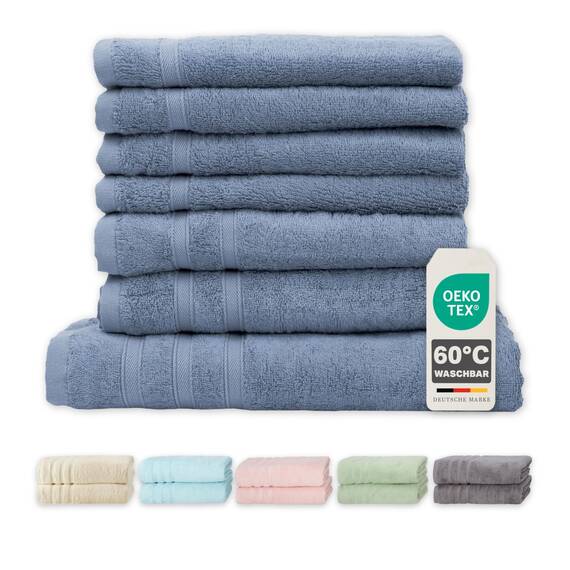 Müskaan® 7er Bambus Handtuch Set Rauchblau, 50% Baumwolle & 50% Bambus, 450g/m² – 1x Duschtuch 70x140cm, 2X Handtuch 50x100cm & 4X Gästetuch 50x30cm – Öko-Tex, Baumwoll Handtuchset Blau 60°C waschbar