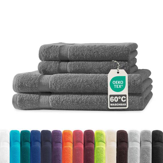 Müskaan® 4er Handtuch Set Anthrazit, 100% Baumwolle, 500g/m² – 2X Duschtuch 70x140cm & 2X Handtuch 50x100cm – Öko-Tex, Frottee Handtücher Set Baumwolle, Handtuchset Grau, 60°C waschbar, Frotteetücher