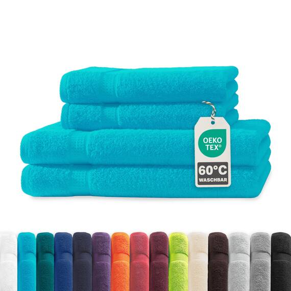 Müskaan® 4er Handtuch Set Türkis, 100% Baumwolle, 500g/m² – 2X Duschtuch 70x140cm & 2X Handtuch 50x100cm – Öko-Tex, Frottee Handtücher Set Baumwolle, Handtuchset Blau, 60°C waschbar, Frotteetücher