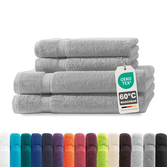 Müskaan® 4er Handtuch Set Silber, 100% Baumwolle, 500g/m² – 2X Duschtuch 70x140cm & 2X Handtuch 50x100cm – Öko-Tex, Frottee Handtücher Set Baumwolle, Handtuchset Silber, 60°C waschbar, Frotteetücher