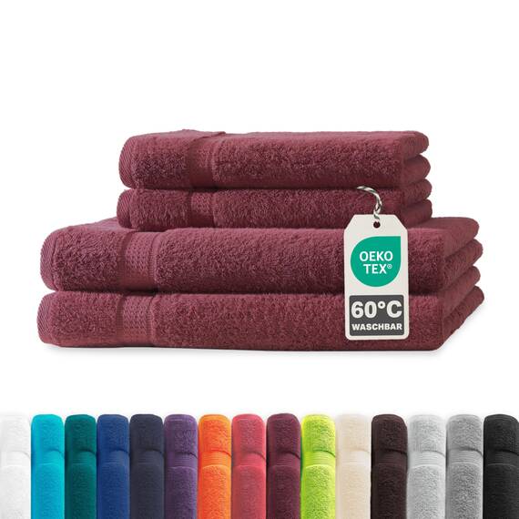 Müskaan® 4er Handtuch Set Bordeaux, 100% Baumwolle, 500g/m² – 2X Duschtuch 70x140cm & 2X Handtuch 50x100cm – Öko-Tex, Frottee Handtücher Set Baumwolle, Handtuchset Rot, 60°C waschbar, Frotteetücher