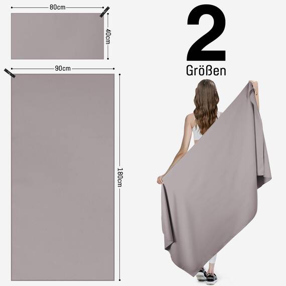 Jokisa Mikrofaser Handtuch 2er Set, 180X90cm Strandtuch Mikrofaser + 80X40cm Sporthandtuch, Schnelltrocknendes & Sandfrei Handtücher für Outdoor Sauna Strand Trekking (Hellgrau)