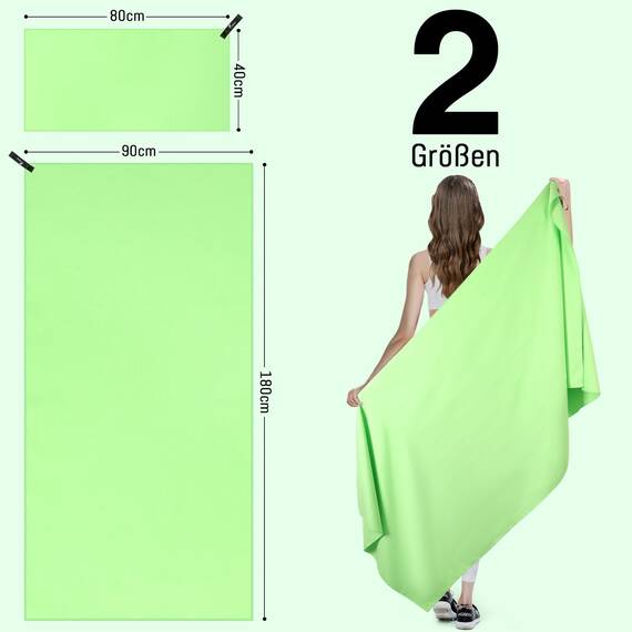 Jokisa Mikrofaser Handtuch 2er Set, 180X90cm Strandtuch Mikrofaser + 80X40cm Sporthandtuch, Schnelltrocknendes & Sandfrei Handtücher für Outdoor Sauna Strand Trekking (Hellgrün)
