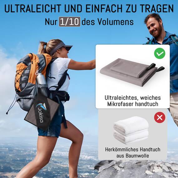Jokisa Mikrofaser Handtuch 2er Set, 180X90cm Strandtuch Mikrofaser + 80X40cm Sporthandtuch, Schnelltrocknendes & Sandfrei Handtücher für Outdoor Sauna Strand Trekking (Hellgrau)