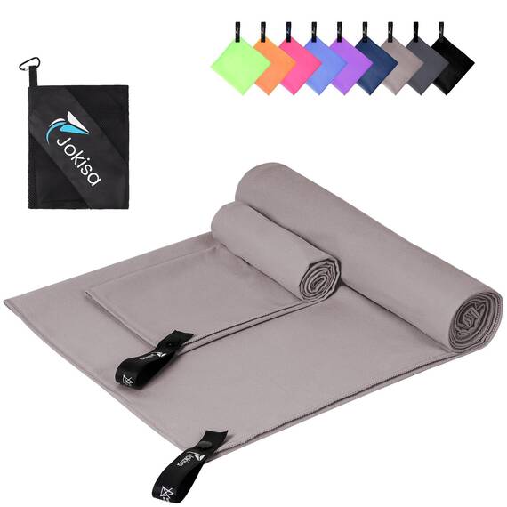 Jokisa Mikrofaser Handtuch 2er Set, 180X90cm Strandtuch Mikrofaser + 80X40cm Sporthandtuch, Schnelltrocknendes & Sandfrei Handtücher für Outdoor Sauna Strand Trekking (Hellgrau)