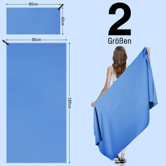 Jokisa Mikrofaser Handtuch 2er Set, 180X90cm Strandtuch Mikrofaser + 80X40cm Sporthandtuch, Schnelltrocknendes & Sandfrei Handtücher für Outdoor Sauna Strand Trekking (Hellblau)