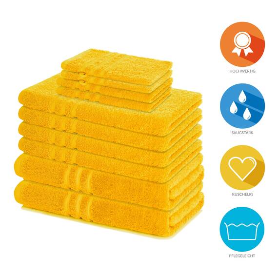 Lavea® 10-teiliges Handtuch Set Elena, 100% Baumwolle - 4 x Handtuch, 2 x Duschtuch, 2 x Gästetuch, 2 x Waschhandschuh, Frottee Handtücher Set weich, saugstark & pflegeleicht, Bad & Gäste, Rapsgelb