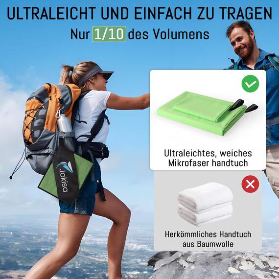 Jokisa Mikrofaser Handtuch 2er Set, 180X90cm Strandtuch Mikrofaser + 80X40cm Sporthandtuch, Schnelltrocknendes & Sandfrei Handtücher für Outdoor Sauna Strand Trekking (Hellgrün)