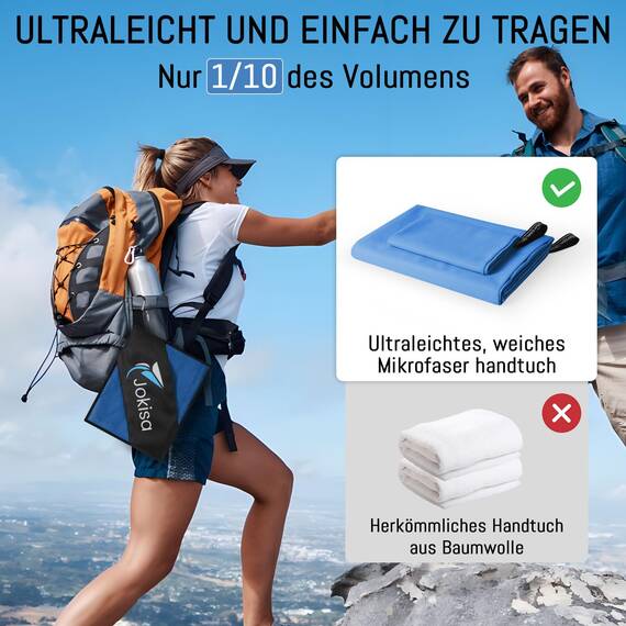 Jokisa Mikrofaser Handtuch 2er Set, 180X90cm Strandtuch Mikrofaser + 80X40cm Sporthandtuch, Schnelltrocknendes & Sandfrei Handtücher für Outdoor Sauna Strand Trekking (Hellblau)