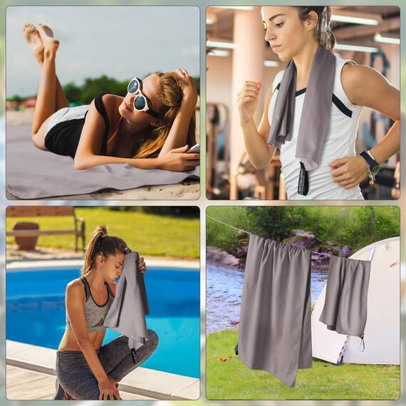 Jokisa Mikrofaser Handtuch 2er Set, 180X90cm Strandtuch Mikrofaser + 80X40cm Sporthandtuch, Schnelltrocknendes & Sandfrei Handtücher für Outdoor Sauna Strand Trekking (Hellgrau)