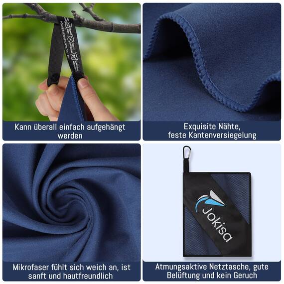 Jokisa Mikrofaser Handtuch 2er Set, 180X90cm Strandtuch Mikrofaser + 80X40cm Sporthandtuch, Schnelltrocknendes & Sandfrei Handtücher für Outdoor Sauna Strand Trekking (Marineblau)
