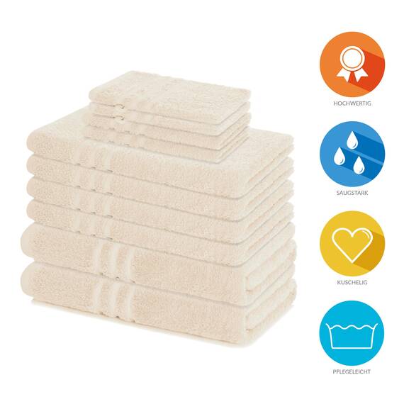 Lavea® 10-teiliges Handtuch Set Elena, 100% Baumwolle - 4 x Handtuch, 2 x Duschtuch, 2 x Gästetuch, 2 x Waschhandschuh, Frottee Handtücher Set weich, saugstark & pflegeleicht, Bad & Gäste, Creme