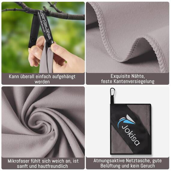 Jokisa Mikrofaser Handtuch 2er Set, 180X90cm Strandtuch Mikrofaser + 80X40cm Sporthandtuch, Schnelltrocknendes & Sandfrei Handtücher für Outdoor Sauna Strand Trekking (Hellgrau)