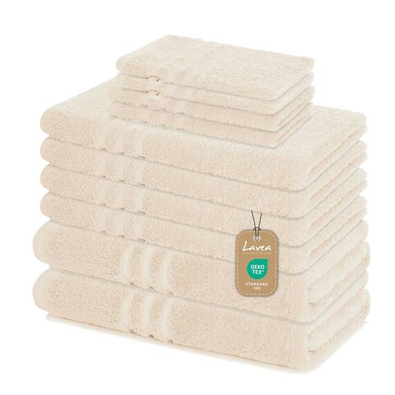 Lavea® 10-teiliges Handtuch Set Elena, 100% Baumwolle - 4 x Handtuch, 2 x Duschtuch, 2 x Gästetuch, 2 x Waschhandschuh, Frottee Handtücher Set weich, saugstark & pflegeleicht, Bad & Gäste, Creme