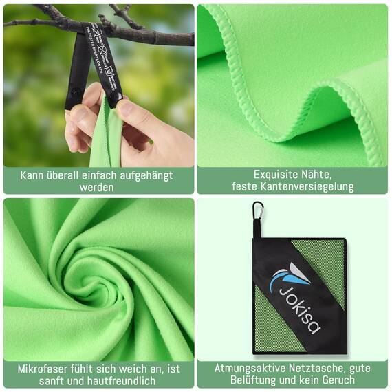 Jokisa Mikrofaser Handtuch 2er Set, 180X90cm Strandtuch Mikrofaser + 80X40cm Sporthandtuch, Schnelltrocknendes & Sandfrei Handtücher für Outdoor Sauna Strand Trekking (Hellgrün)