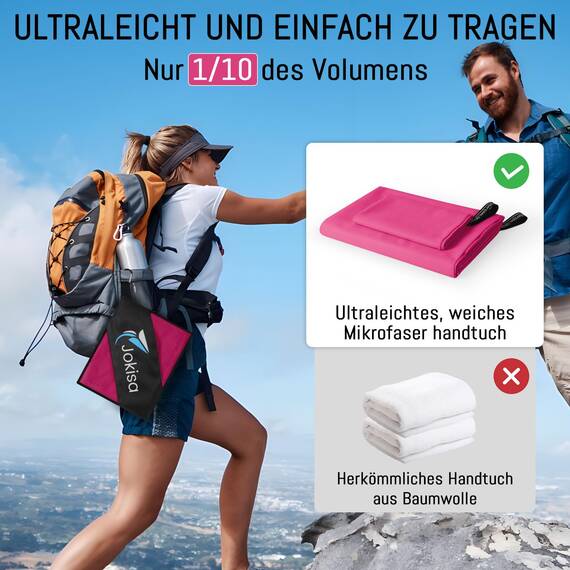Jokisa Mikrofaser Handtuch 2er Set, 180X90cm Strandtuch Mikrofaser + 80X40cm Sporthandtuch, Schnelltrocknendes & Sandfrei Handtücher für Outdoor Sauna Strand Trekking (Rosa)