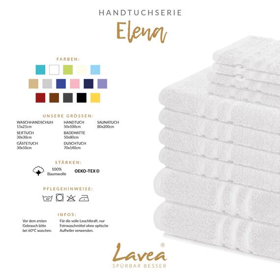Lavea® 6-teiliges Handtuch Set, 100% Baumwolle - 4 Handtücher 50x100 cm & 2 Duschtücher 70x140 cm, weich, saugstark & pflegeleicht, Flauschiges Badehandtuch Set für Bad, Gäste & Spa, Weiß