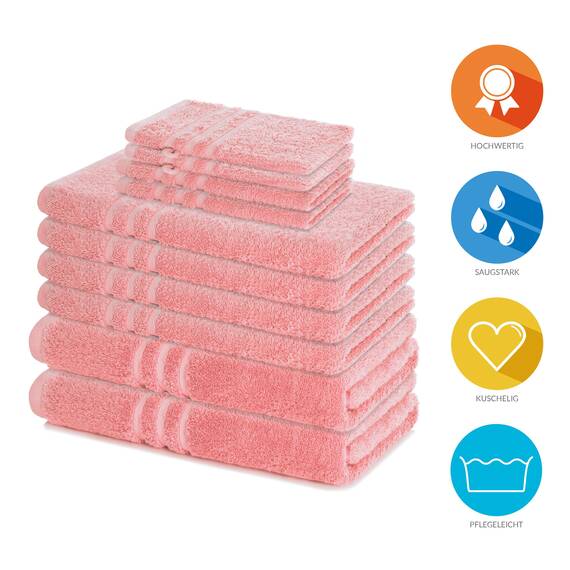 Lavea® 10-teiliges Handtuch Set Elena, 100% Baumwolle - 4 x Handtuch, 2 x Duschtuch, 2 x Gästetuch, 2 x Waschhandschuh, Frottee Handtücher Set weich, saugstark & pflegeleicht, Bad & Gäste, Pastellrosa