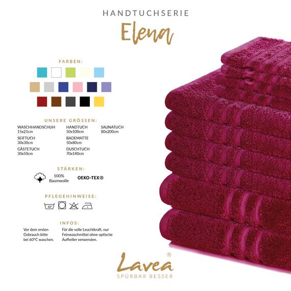 Lavea® 10-teiliges Handtuch Set Elena, 100% Baumwolle - 4 x Handtuch, 2 x Duschtuch, 2 x Gästetuch, 2 x Waschhandschuh, Frottee Handtücher Set weich, saugstark & pflegeleicht, Bad & Gäste, Bordeaux