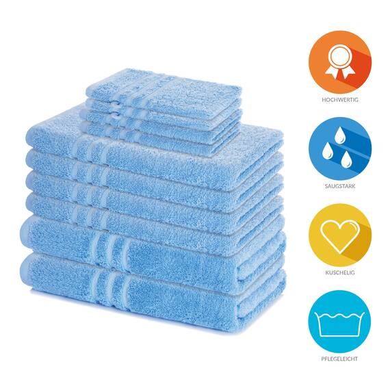 Lavea® 10-teiliges Handtuch Set Elena, 100% Baumwolle - 4 x Handtuch, 2 x Duschtuch, 2 x Gästetuch, 2 x Waschhandschuh, Frottee Handtücher Set weich, saugstark & pflegeleicht, Bad & Gäste, Delphinblau