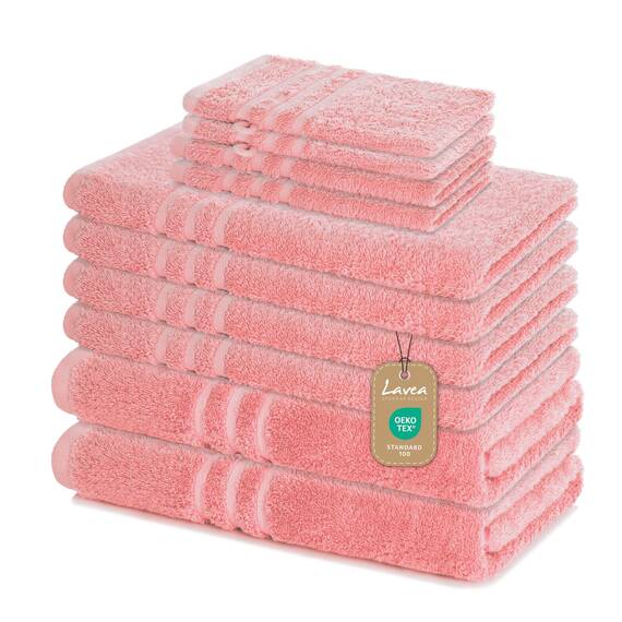 Lavea® 10-teiliges Handtuch Set Elena, 100% Baumwolle - 4 x Handtuch, 2 x Duschtuch, 2 x Gästetuch, 2 x Waschhandschuh, Frottee Handtücher Set weich, saugstark & pflegeleicht, Bad & Gäste, Pastellrosa