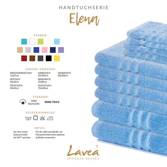 Lavea® 10-teiliges Handtuch Set Elena, 100% Baumwolle - 4 x Handtuch, 2 x Duschtuch, 2 x Gästetuch, 2 x Waschhandschuh, Frottee Handtücher Set weich, saugstark & pflegeleicht, Bad & Gäste, Delphinblau