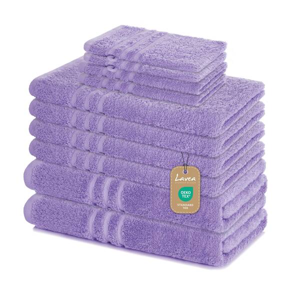 Lavea® 10-teiliges Handtuch Set Elena, 100% Baumwolle - 4 x Handtuch, 2 x Duschtuch, 2 x Gästetuch, 2 x Waschhandschuh, Frottee Handtücher Set weich, saugstark & pflegeleicht, Bad & Gäste, Lavendel
