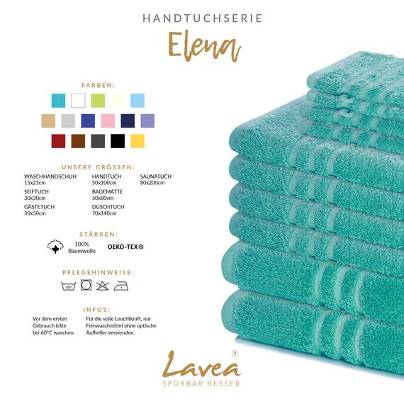 Lavea® 10-teiliges Handtuch Set Elena, 100% Baumwolle - 4 x Handtuch, 2 x Duschtuch, 2 x Gästetuch, 2 x Waschhandschuh, Frottee Handtücher Set weich, saugstark & pflegeleicht, Bad & Gäste, Türkis